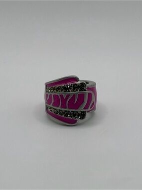 Fuchsia Enamel Silver-Tone Rhinestone Statement Ring Size 7